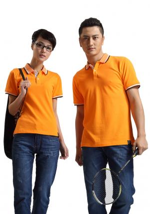 橙黃色珠地純棉POLO衫，領(lǐng)袖間條撞色，男女時(shí)尚款式定制